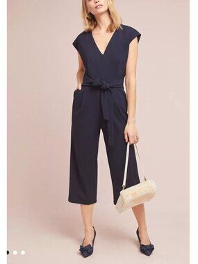 Ett:twa by Anthropologie Navy Blue V neck short sleeve waist tie jumpsuit siz S